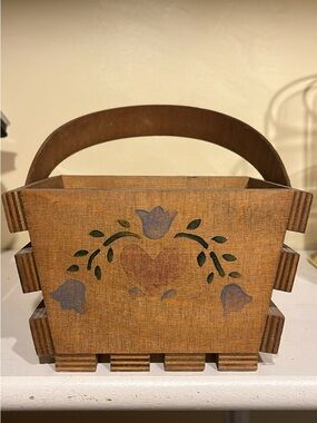 Small Wooden Decorative Basket with Hand-Painted Floral Design - Brown